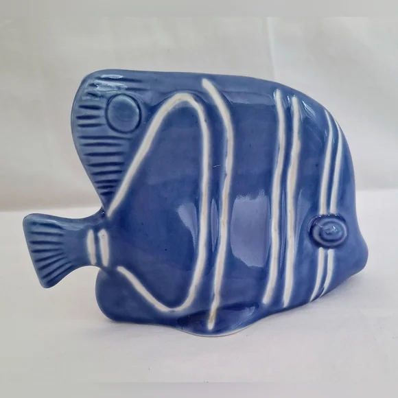 Vintage Blue & White Striped Ceramic Tropical Fish Figurine Boho Nautical Ocean - Picture 2 of 9